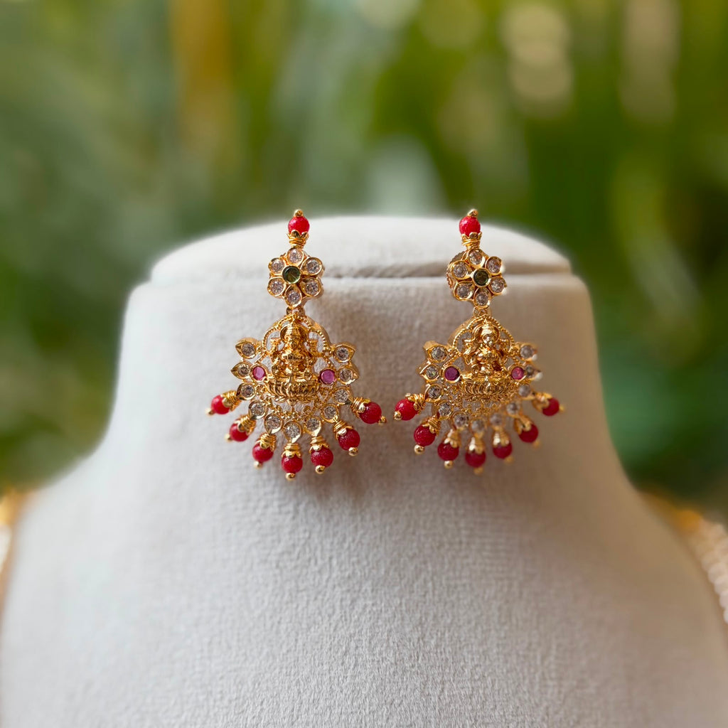 Traditional Coral & 3-Strand Pearl Hara with Goddess Lakshmi Temple Pendant – South Indian Long Necklace Set with Earrings AH71