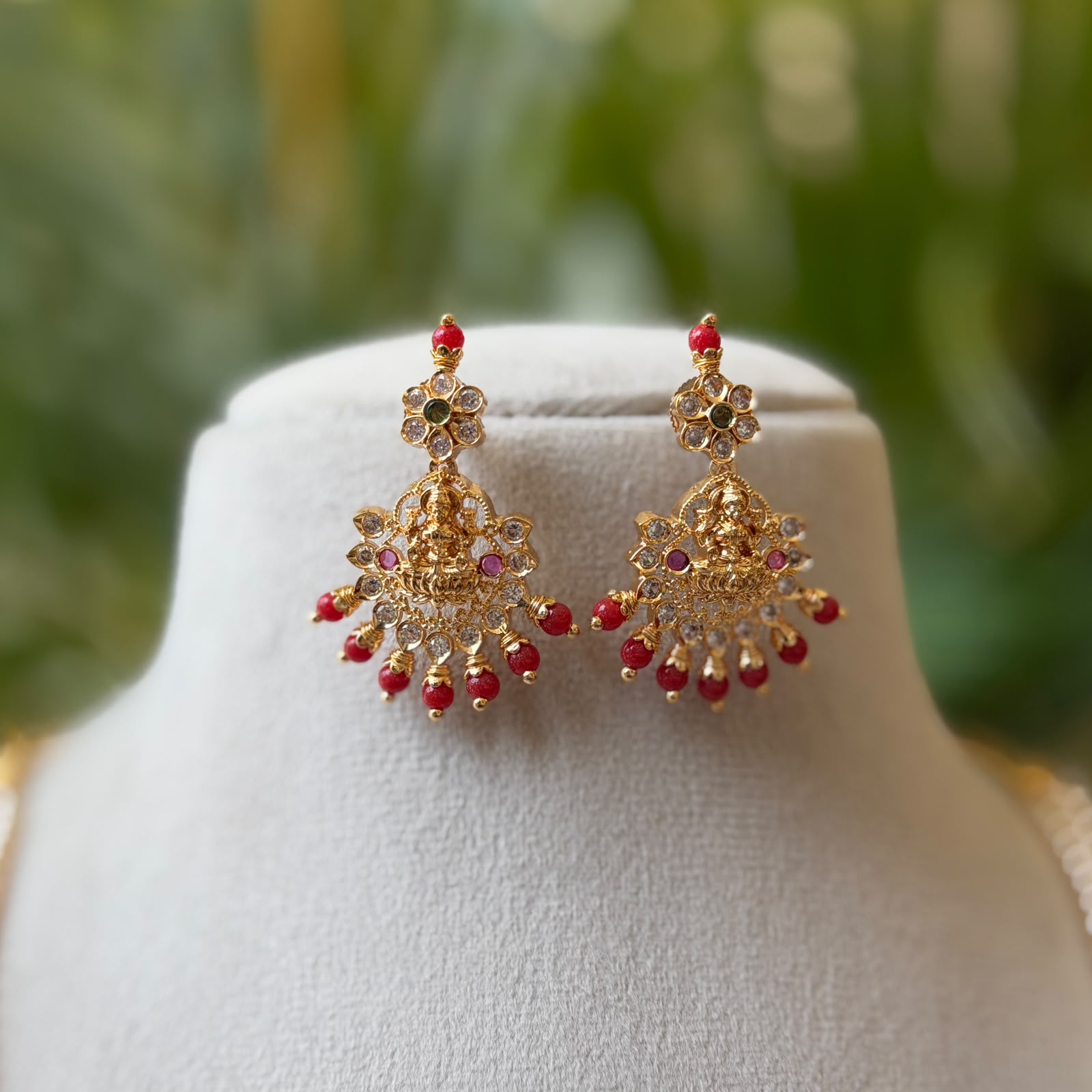 Traditional Coral & 3-Strand Pearl Hara with Goddess Lakshmi Temple Pendant – South Indian Long Necklace Set with Earrings AH71