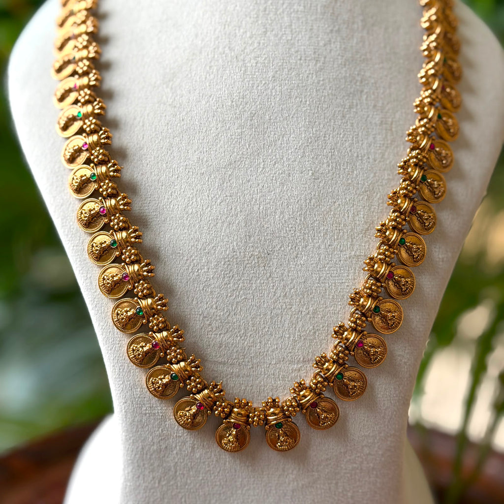 Traditional Antique Gold Lakshmi Kasu Mala Hara – Long South Indian Coin Necklace Set with Ruby Emerald Accents & Earrings AH72