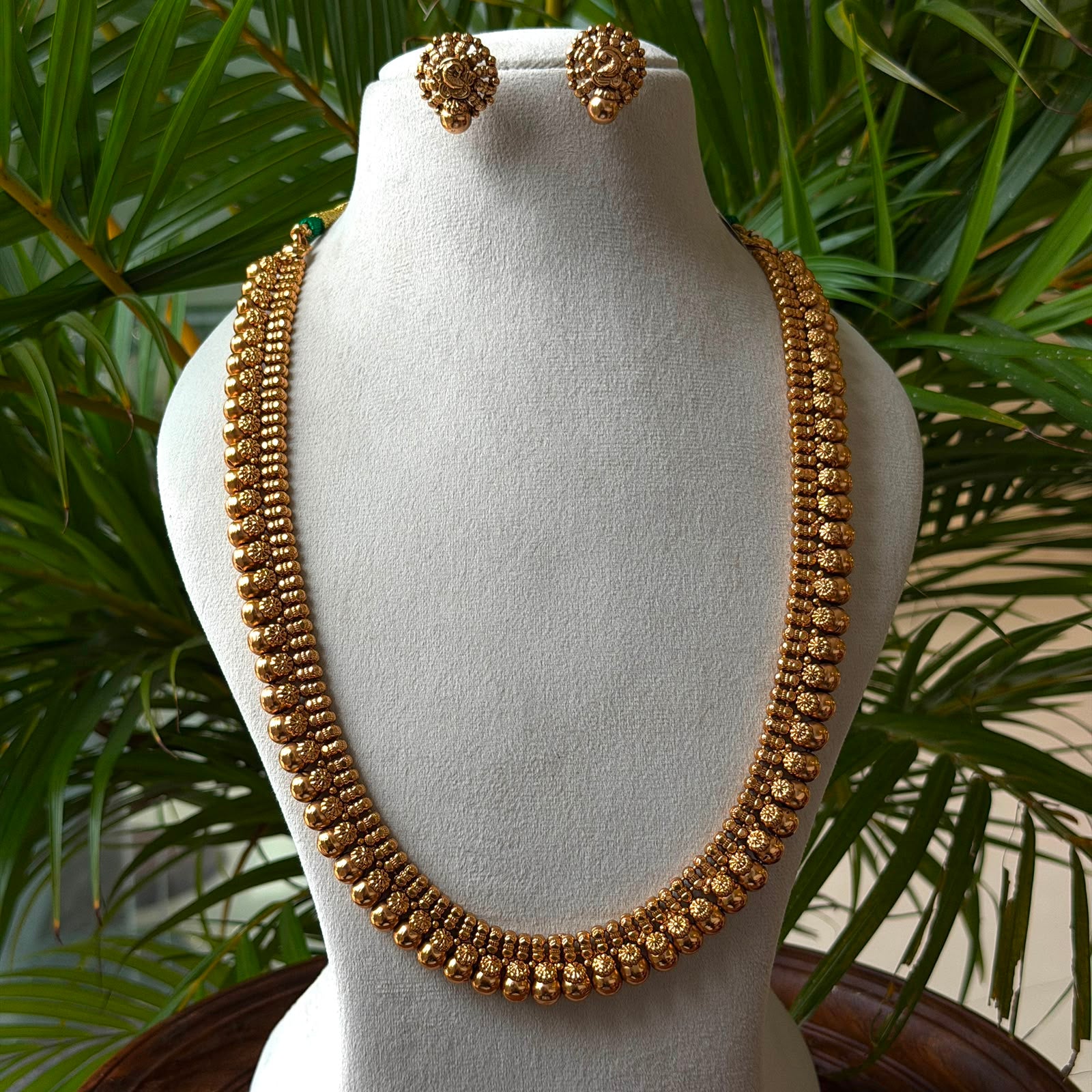 Traditional Antique Gold Bead Hara – Long Multi-Row Gundla Haram / Gundu Mala Necklace Set with Matching Studs AH73