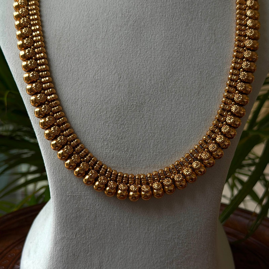 Traditional Antique Gold Bead Hara – Long Multi-Row Gundla Haram / Gundu Mala Necklace Set with Matching Studs AH73