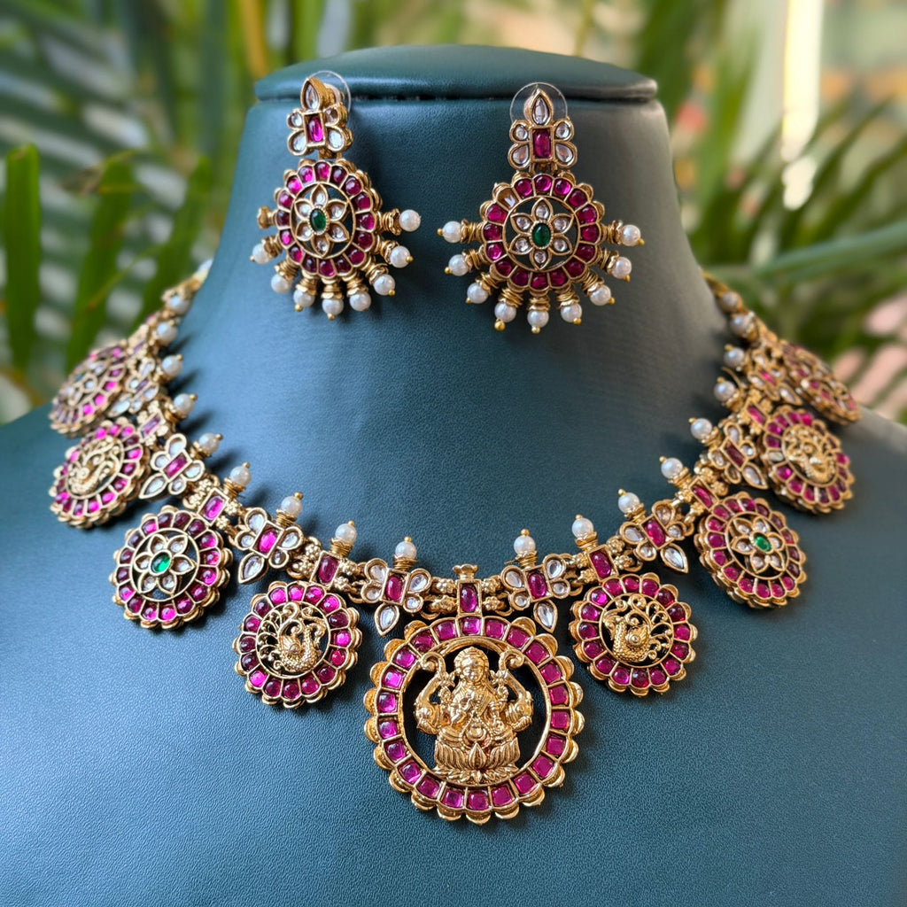 Antique Temple Lakshmi Necklace Set with Earrings for Saree & Wedding Wear AN277