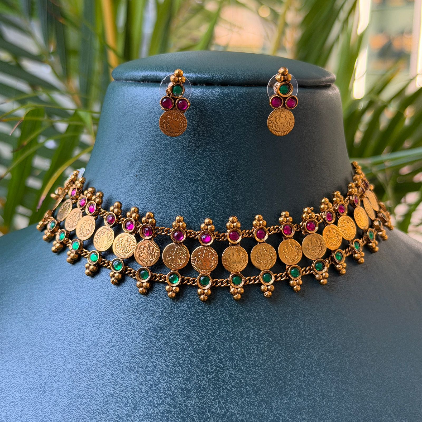 Antique Coin Choker Necklace Set with Ruby Green Stones & Earrings for Traditional Saree Look AN279