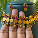 Antique Coin Choker Necklace Set with Ruby Green Stones & Earrings for Traditional Saree Look AN279