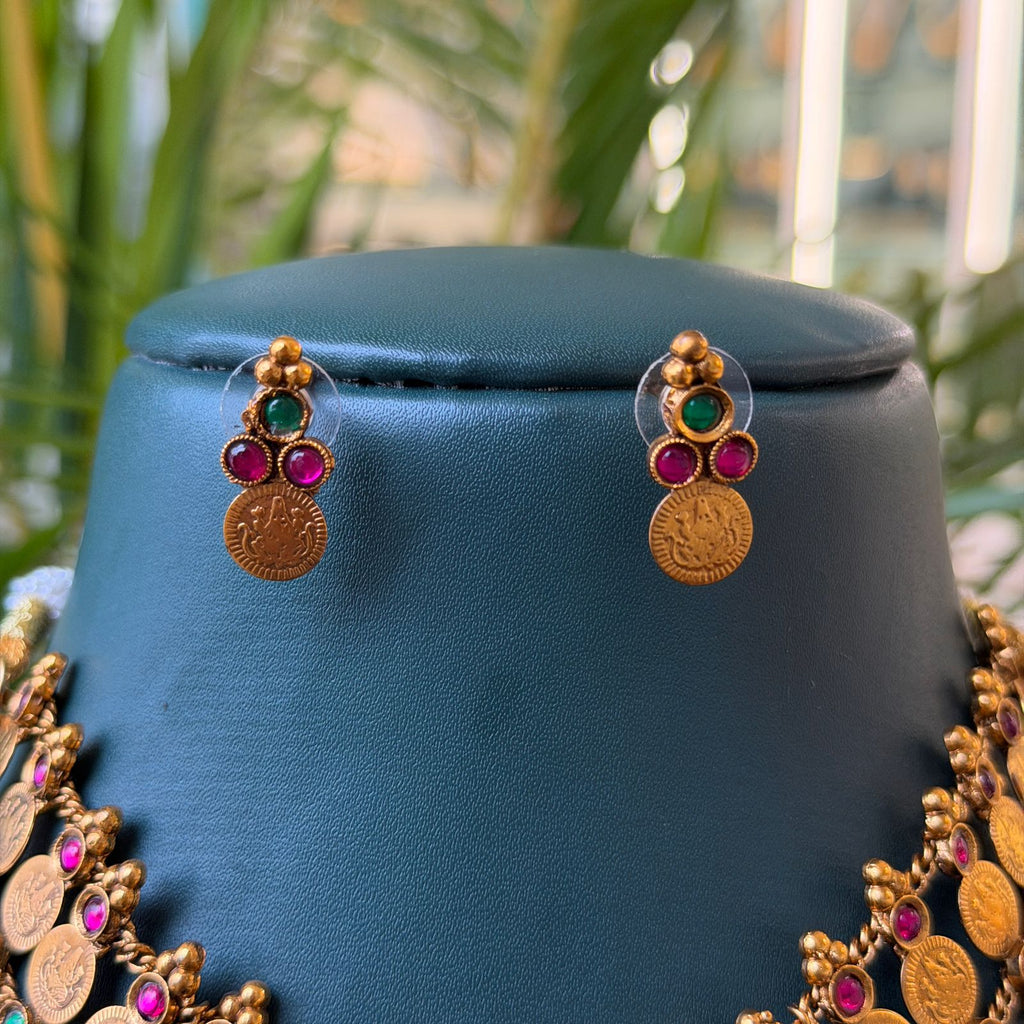 Antique Coin Choker Necklace Set with Ruby Green Stones & Earrings for Traditional Saree Look AN279
