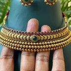Antique Ruby Green Hasli Choker Necklace Set with Earrings for Saree & Wedding Wear AN280