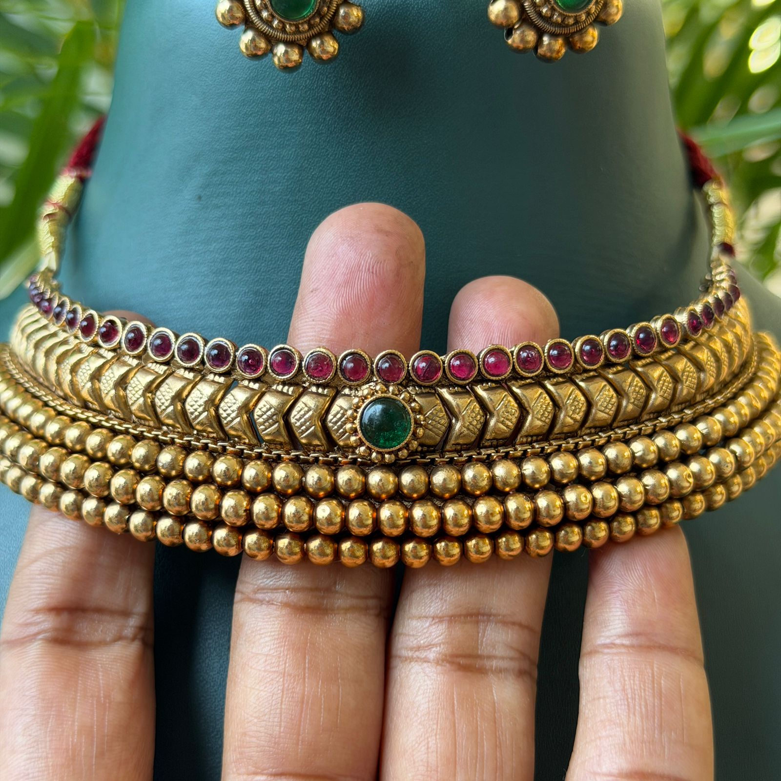 Antique Ruby Green Hasli Choker Necklace Set with Earrings for Saree & Wedding Wear AN280