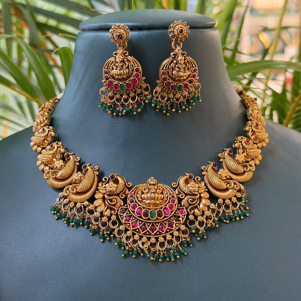 Antique Temple Lakshmi Peacock Necklace Set with Ruby Green Stones & Earrings AN282
