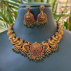 Antique Temple Lakshmi Peacock Necklace Set with Ruby Green Stones & Earrings AN282