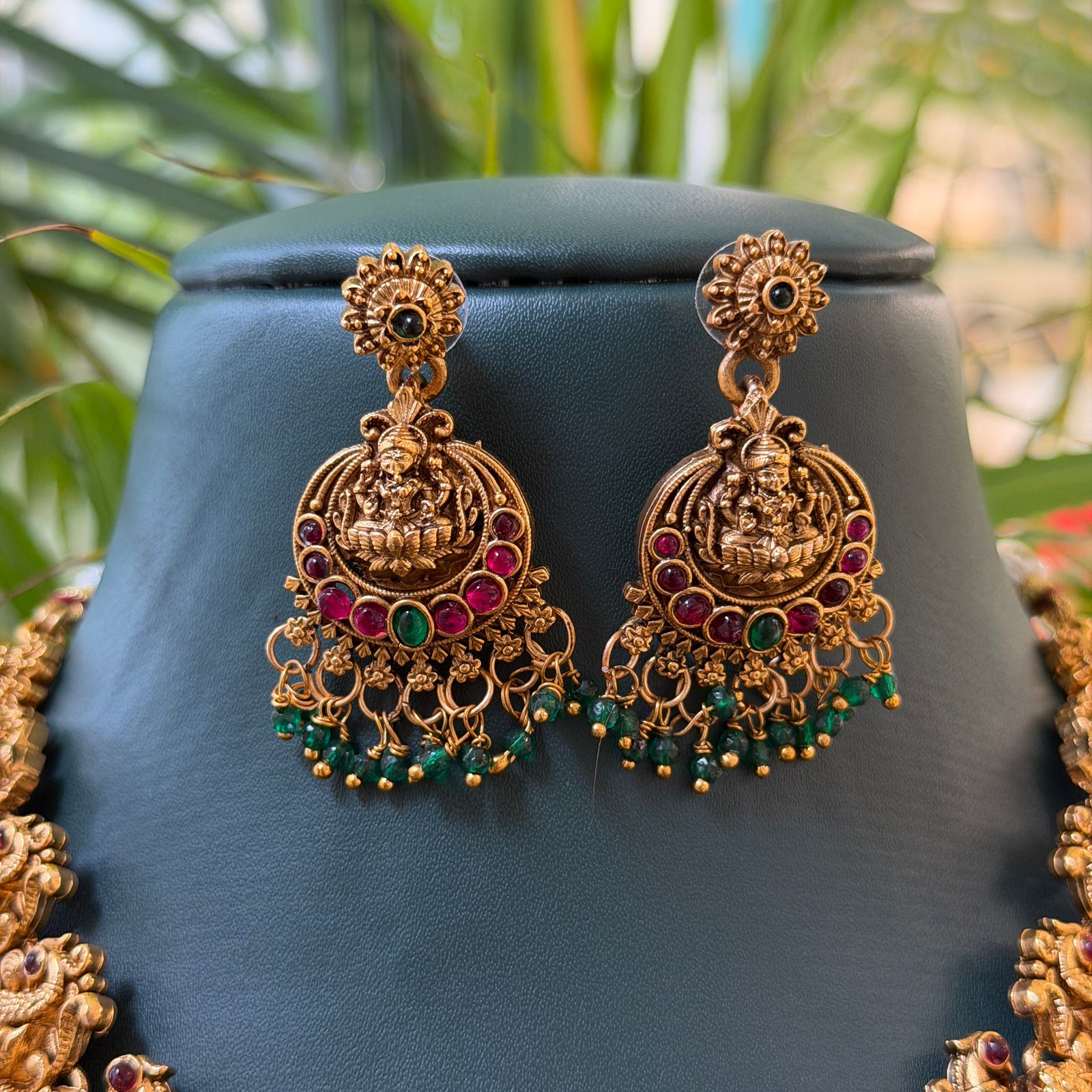 Antique Temple Lakshmi Peacock Necklace Set with Ruby Green Stones & Earrings AN282