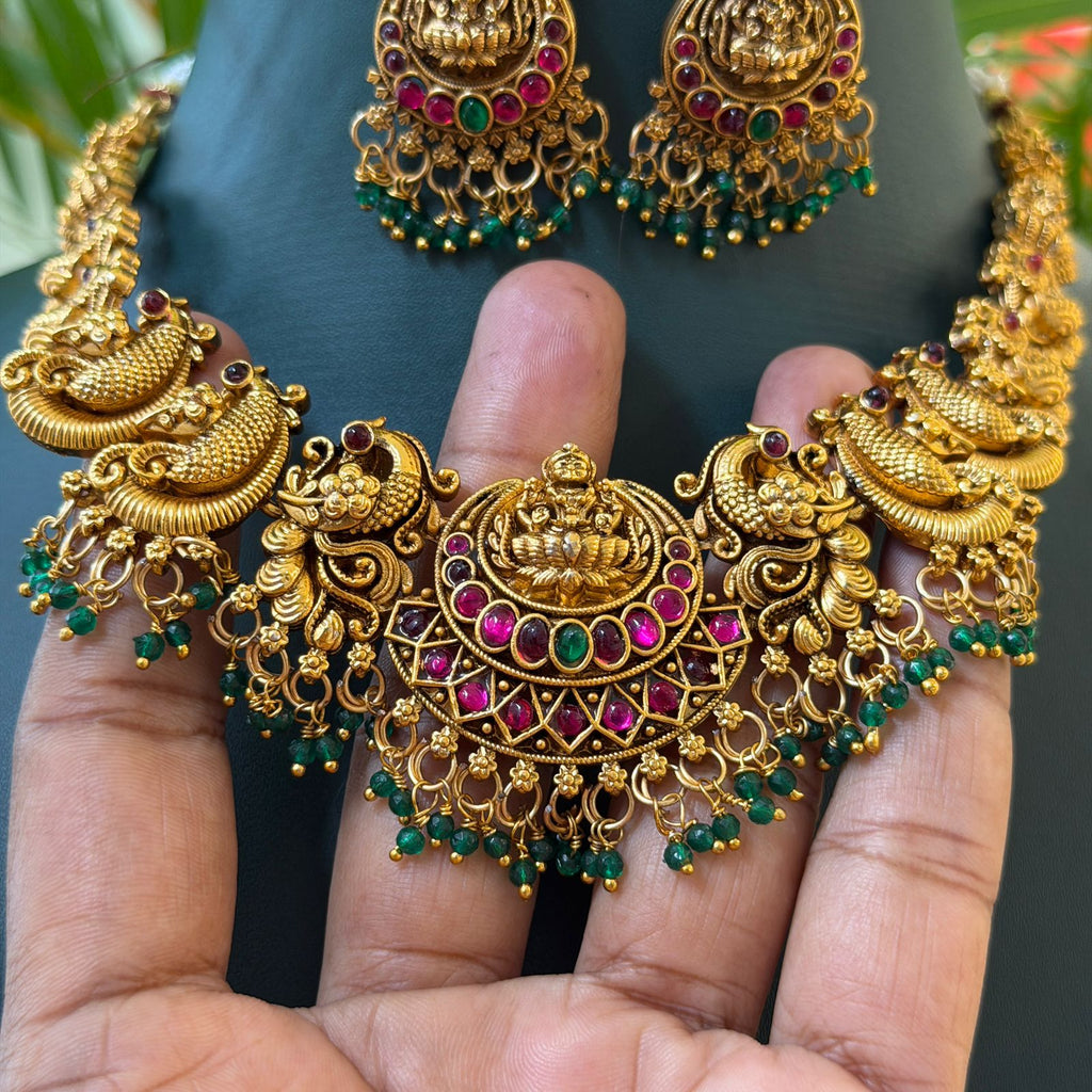 Antique Temple Lakshmi Peacock Necklace Set with Ruby Green Stones & Earrings AN282