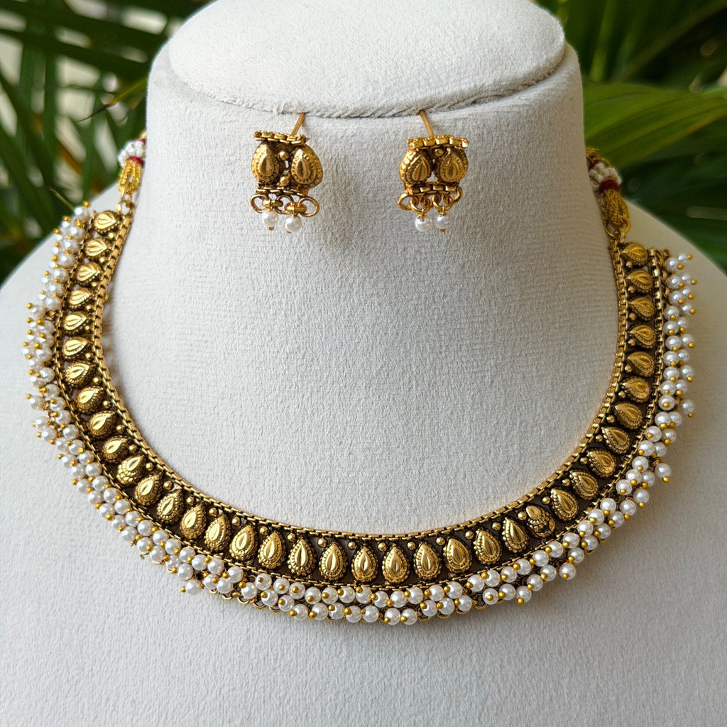 Antique Gold Finish Teardrop Choker Necklace Set with Pearl Drops | Traditional Indian Jewelry AN283