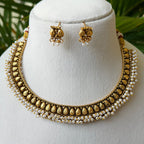 Antique Gold Finish Teardrop Choker Necklace Set with Pearl Drops | Traditional Indian Jewelry AN283