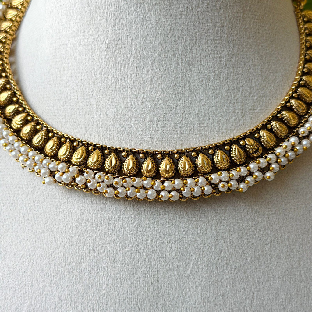 Antique Gold Finish Teardrop Choker Necklace Set with Pearl Drops | Traditional Indian Jewelry AN283