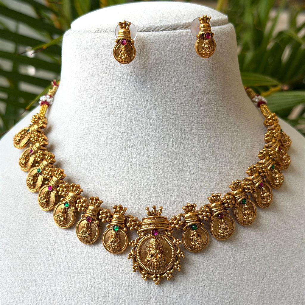 Antique Gold Lakshmi Kasu Mala Necklace Set with Ruby & Emerald Stones | Temple Jewellery AN284
