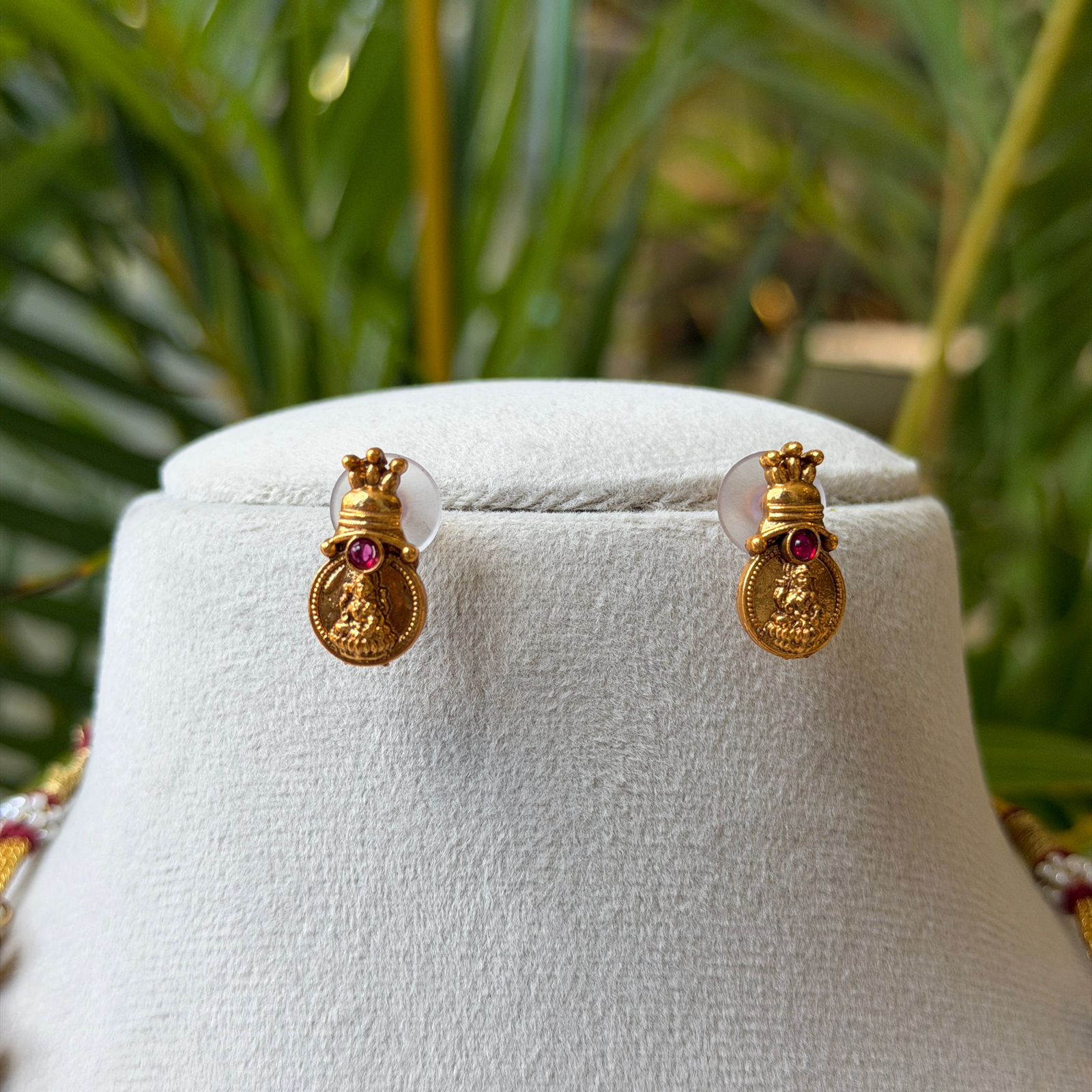 Antique Gold Lakshmi Kasu Mala Necklace Set with Ruby & Emerald Stones | Temple Jewellery AN284