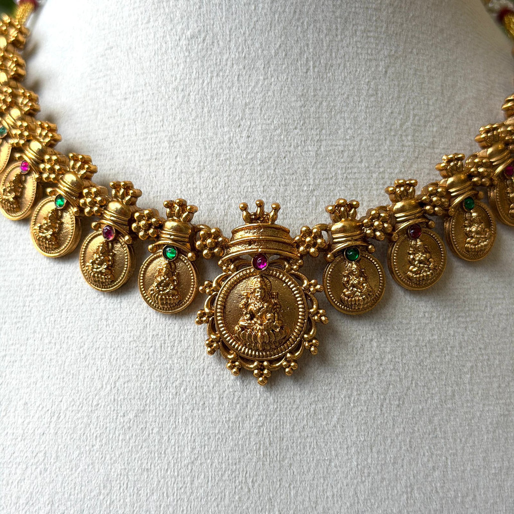 Antique Gold Lakshmi Kasu Mala Necklace Set with Ruby & Emerald Stones | Temple Jewellery AN284