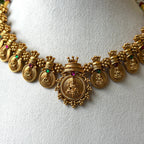 Antique Gold Lakshmi Kasu Mala Necklace Set with Ruby & Emerald Stones | Temple Jewellery AN284