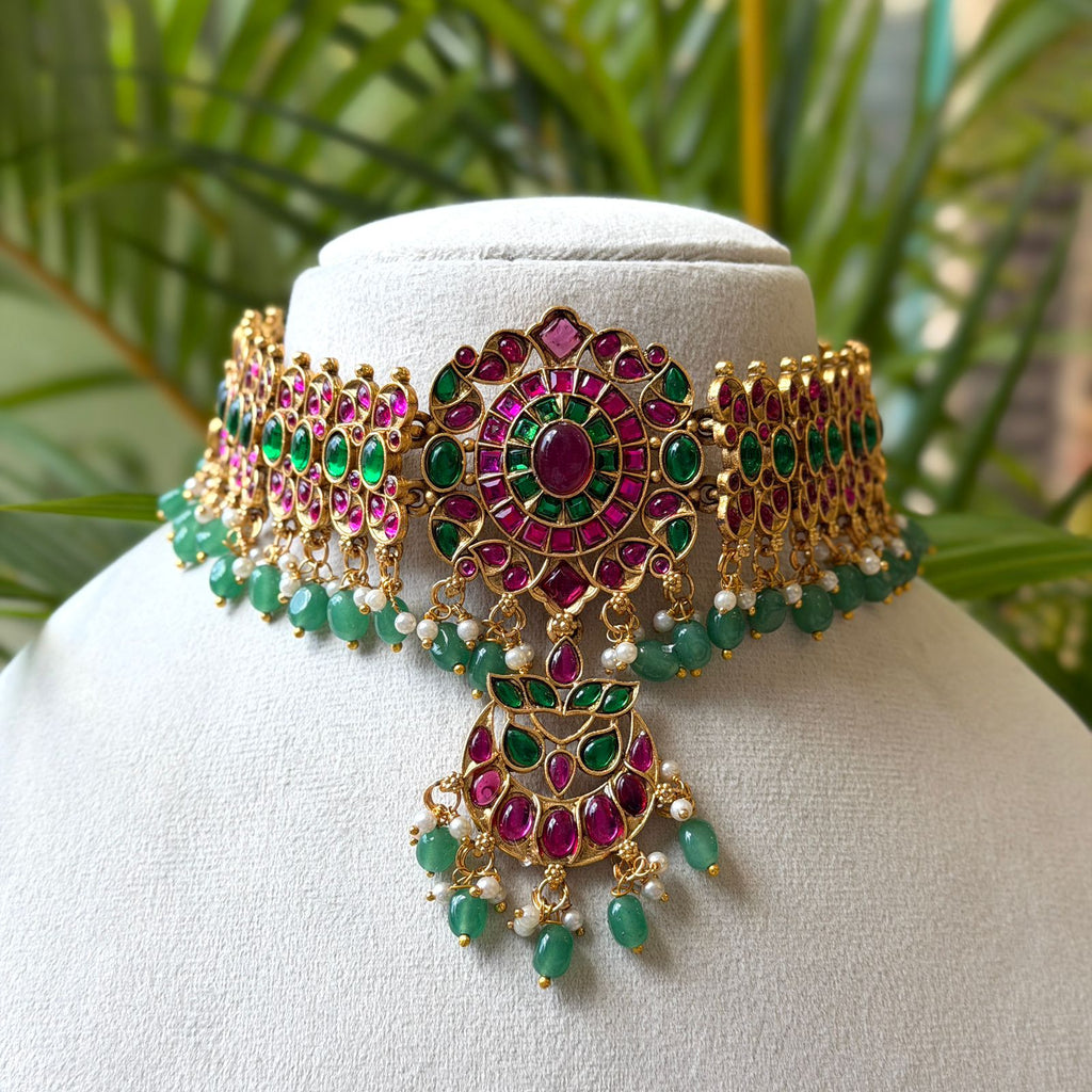 Antique Gold Finish Ruby Choker Necklace Set with Intricate Carving & Gold Bead Drops AN286