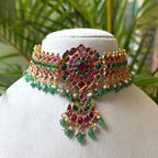 Antique Gold Finish Ruby Choker Necklace Set with Intricate Carving & Gold Bead Drops AN286