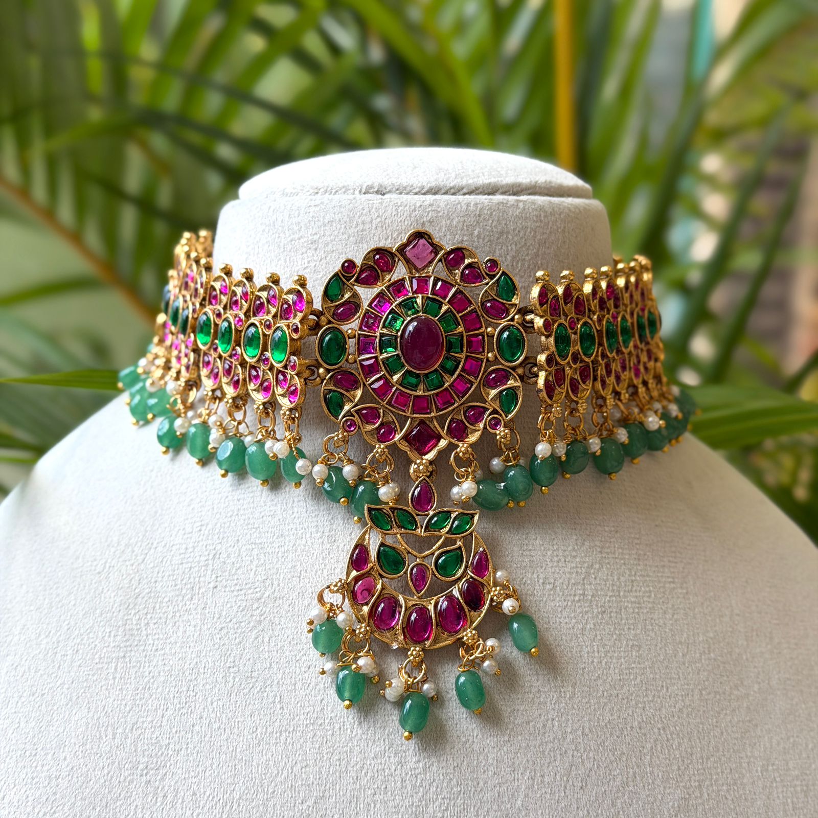 Antique Gold Finish Ruby Choker Necklace Set with Intricate Carving & Gold Bead Drops AN286