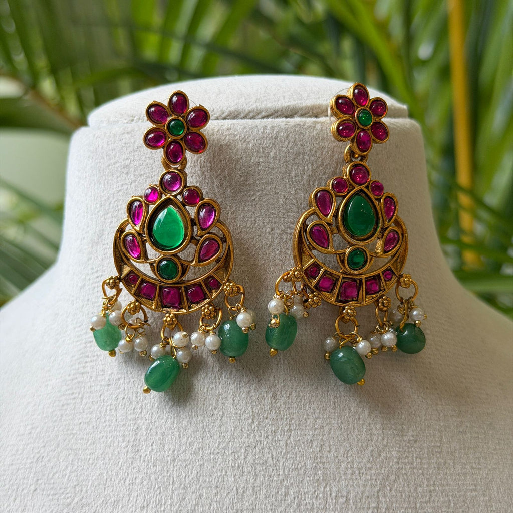 Antique Gold Finish Ruby Choker Necklace Set with Intricate Carving & Gold Bead Drops AN286
