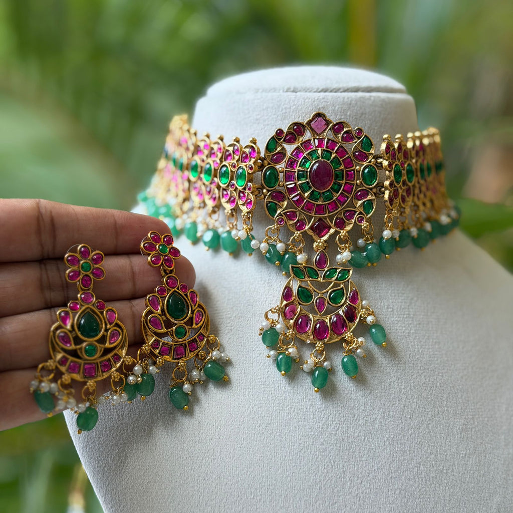 Antique Gold Finish Ruby Choker Necklace Set with Intricate Carving & Gold Bead Drops AN286