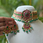Antique Gold Finish Ruby Choker Necklace Set with Intricate Carving & Gold Bead Drops AN286