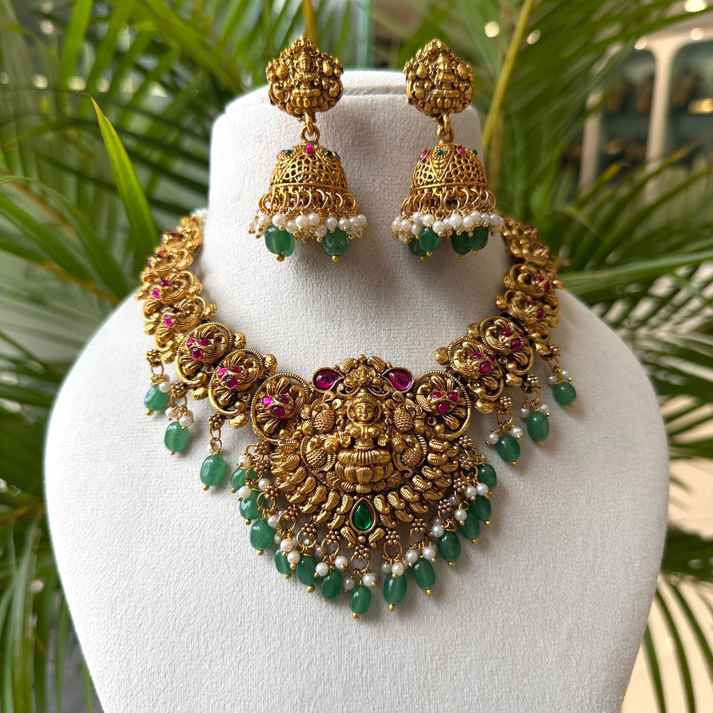 Antique Gold Goddess Lakshmi Temple Necklace Set with Jhumkas & Green Bead Drops AN287