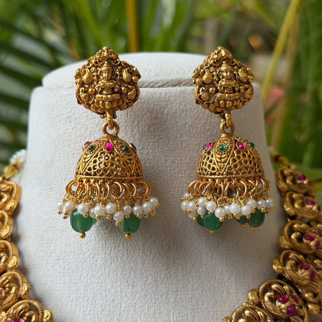 Antique Gold Goddess Lakshmi Temple Necklace Set with Jhumkas & Green Bead Drops AN287