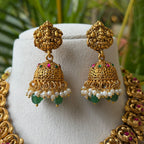 Antique Gold Goddess Lakshmi Temple Necklace Set with Jhumkas & Green Bead Drops AN287