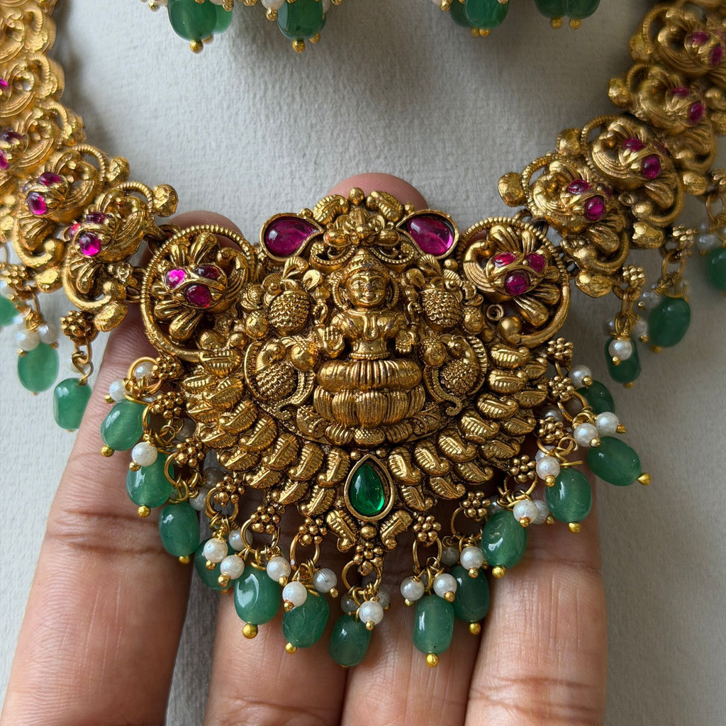 Antique Gold Goddess Lakshmi Temple Necklace Set with Jhumkas & Green Bead Drops AN287