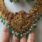 Antique Gold Goddess Lakshmi Temple Necklace Set with Jhumkas & Green Bead Drops AN287