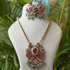 Traditional South Indian Matte Gold Gandaberunda Pendent & Earring Set for Bridal Wear AN288