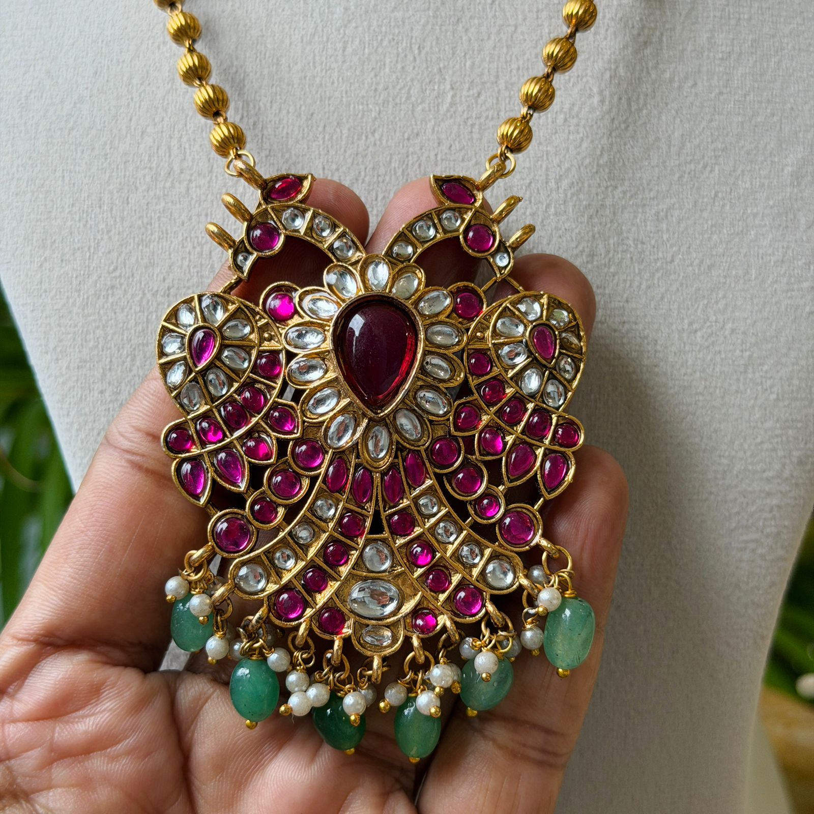 Traditional South Indian Matte Gold Gandaberunda Pendent & Earring Set for Bridal Wear AN288