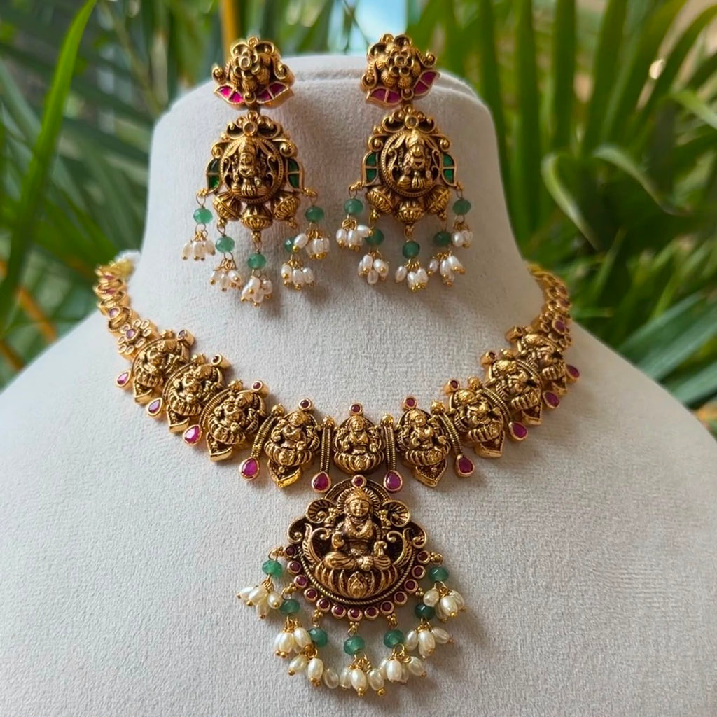 Antique Gold Plated Lakshmi Temple Jewelry Necklace Set – South Indian Traditional Bridal Short Haram with Earrings AN289