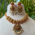 Antique Gold Plated Lakshmi Temple Jewelry Necklace Set – South Indian Traditional Bridal Short Haram with Earrings AN289