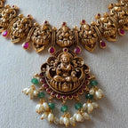 Antique Gold Plated Lakshmi Temple Jewelry Necklace Set – South Indian Traditional Bridal Short Haram with Earrings AN289