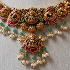 Antique Gold Goddess Lakshmi Temple Jewelry Choker Set – South Indian Bridal Guttapusalu Necklace with Matching Earrings AN290