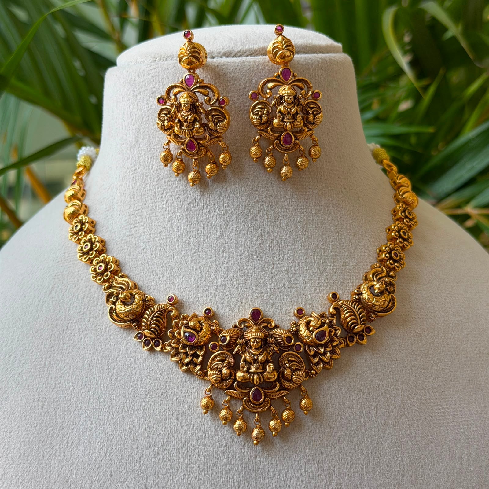 Matte Gold Nakshi Lakshmi Necklace Set | Antique South Indian Temple Jewelry with Ruby Accents AN292