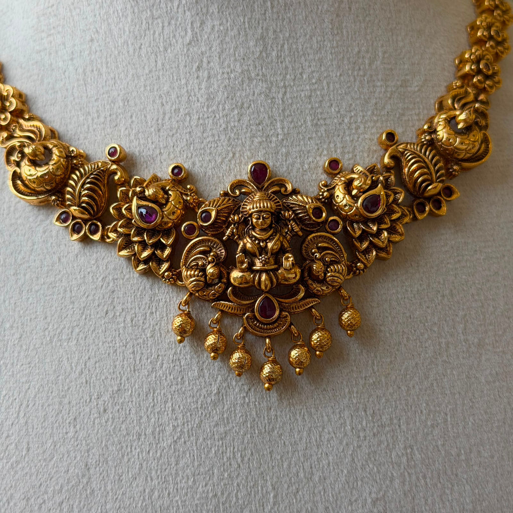 Matte Gold Nakshi Lakshmi Necklace Set | Antique South Indian Temple Jewelry with Ruby Accents AN292