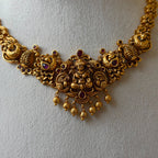 Matte Gold Nakshi Lakshmi Necklace Set | Antique South Indian Temple Jewelry with Ruby Accents AN292