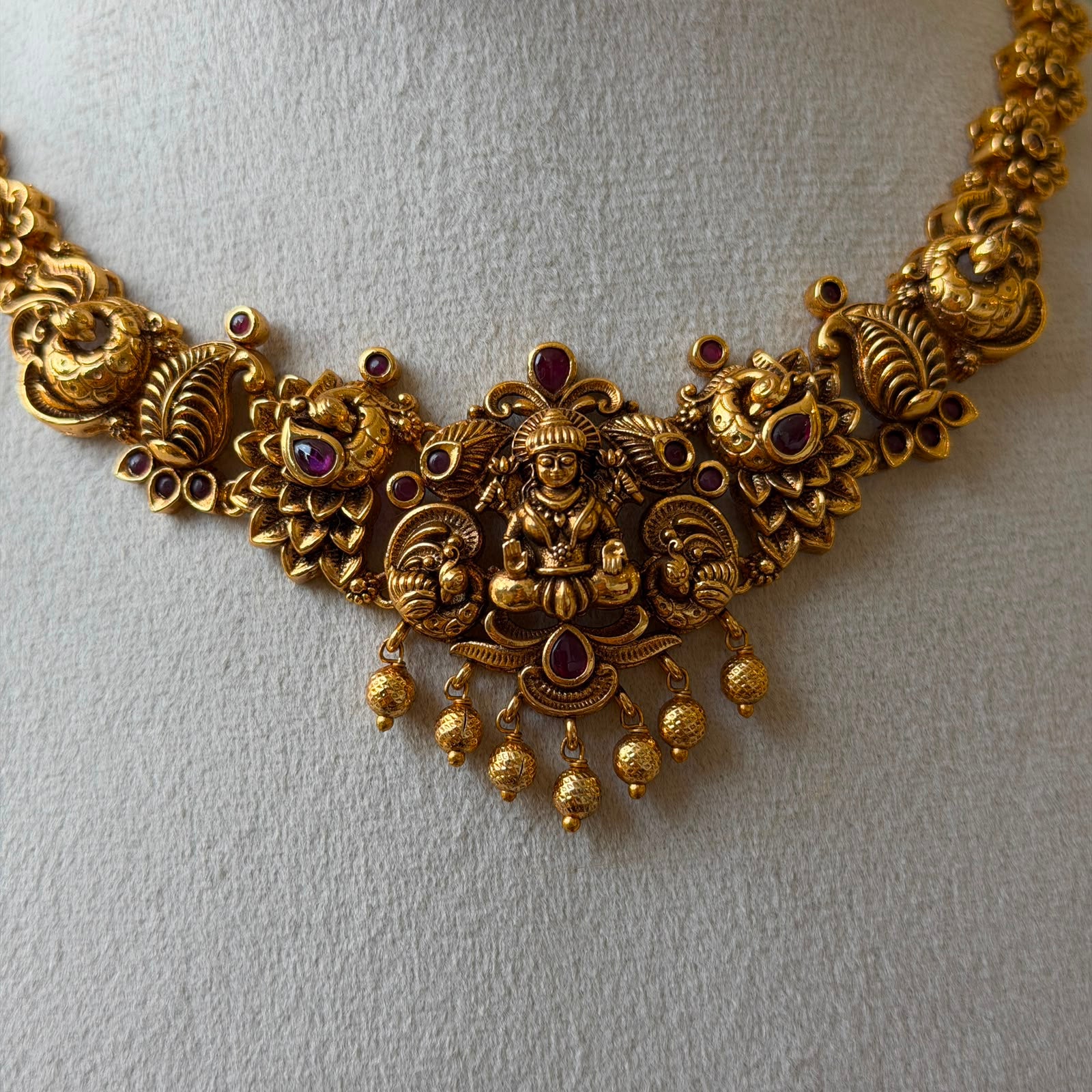 Matte Gold Nakshi Lakshmi Necklace Set | Antique South Indian Temple Jewelry with Ruby Accents AN292