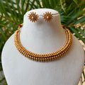Antique Gold Finish 3-Row Bead Attigai Choker Set – Traditional South Indian Gundu Mala Necklace with Matching Earrings AN293