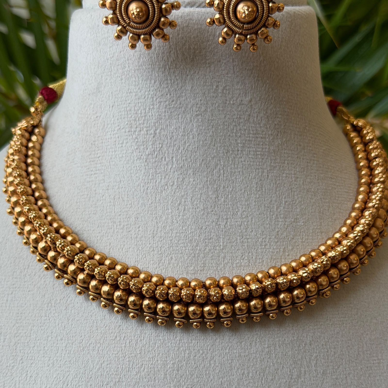 Antique Gold Finish 3-Row Bead Attigai Choker Set – Traditional South Indian Gundu Mala Necklace with Matching Earrings AN293