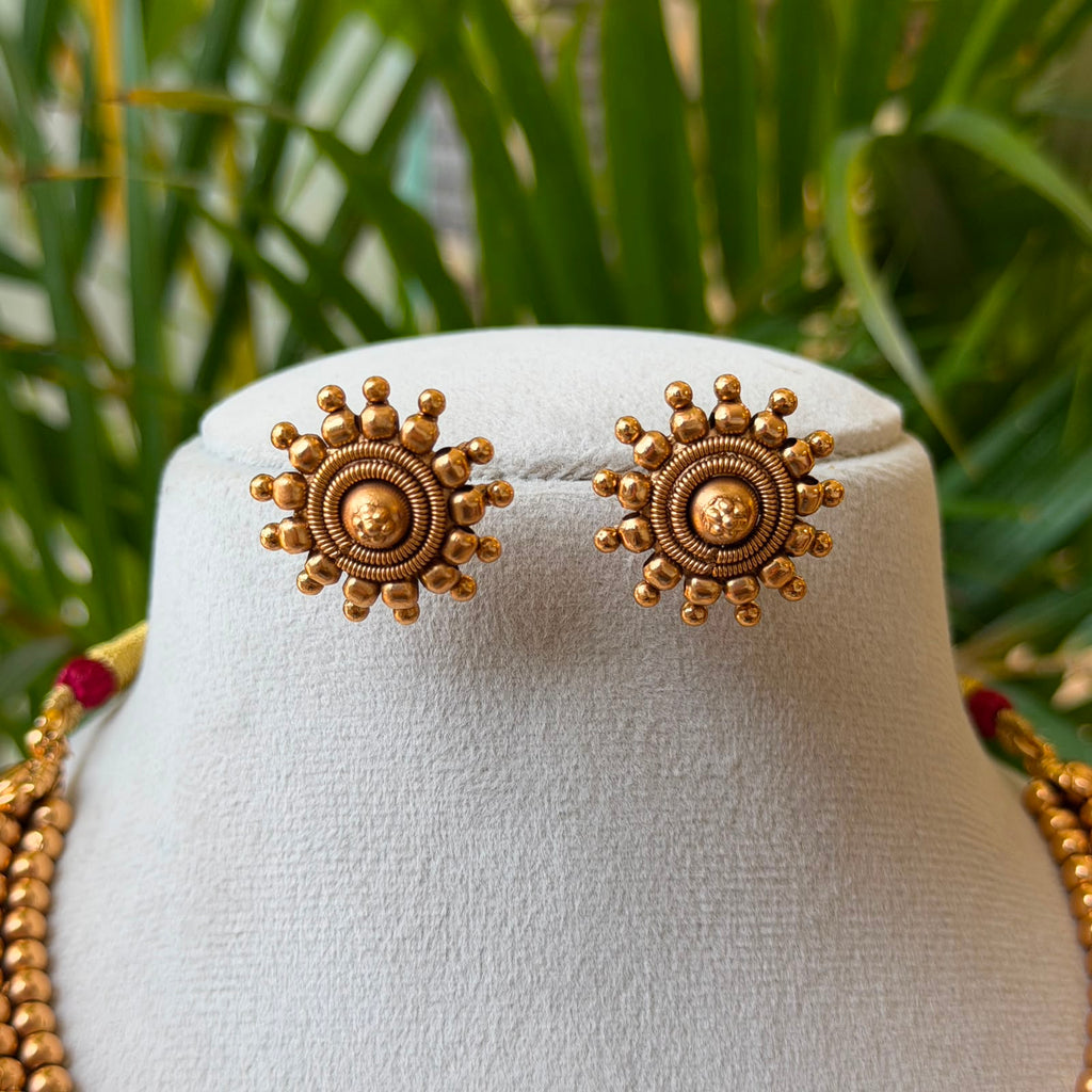 Antique Gold Finish 3-Row Bead Attigai Choker Set – Traditional South Indian Gundu Mala Necklace with Matching Earrings AN293