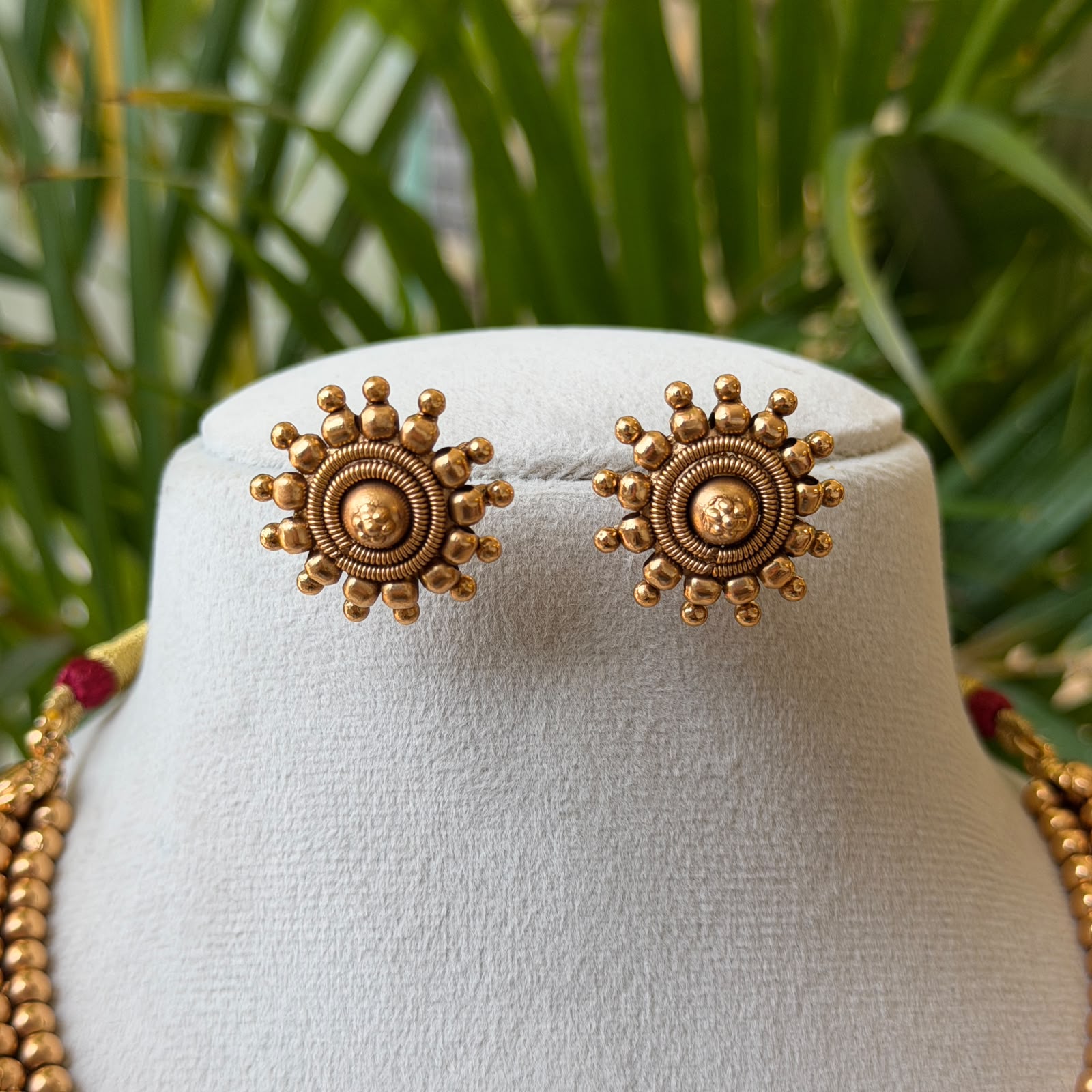 Antique Gold Finish 3-Row Bead Attigai Choker Set – Traditional South Indian Gundu Mala Necklace with Matching Earrings AN293