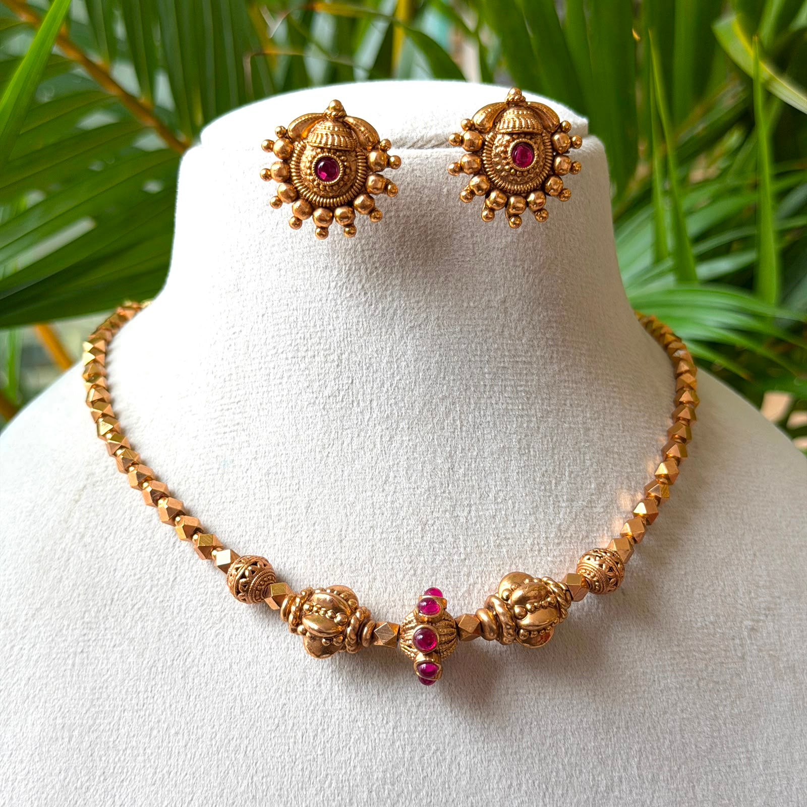 South Indian Antique Gold Kanti Style Short Necklace | Ruby Studded Geometric Bead Mala and Earring Set AN296