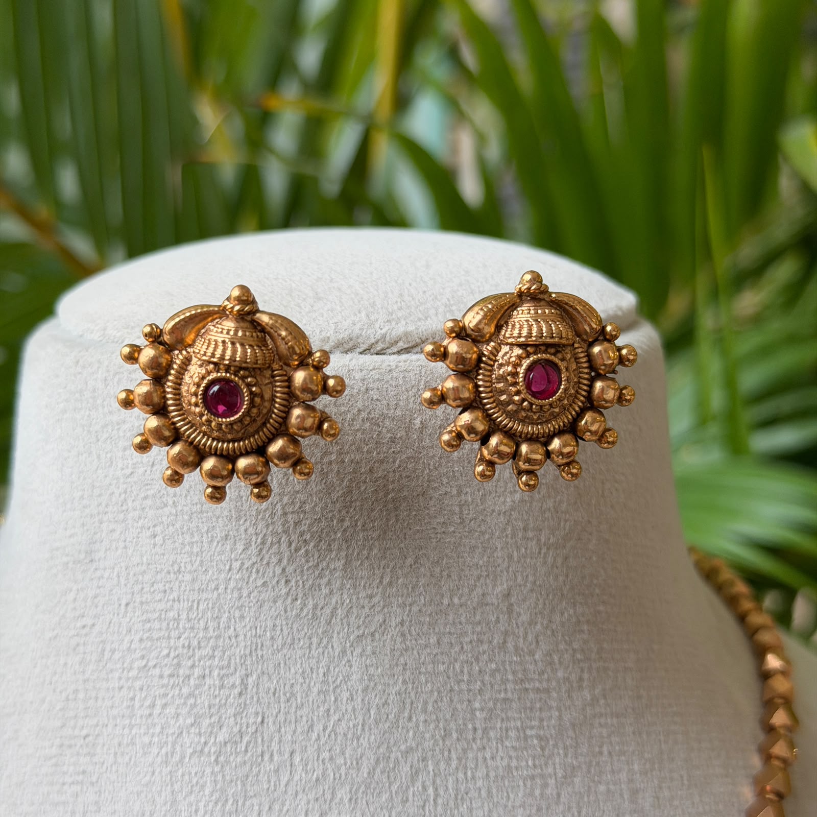 South Indian Antique Gold Kanti Style Short Necklace | Ruby Studded Geometric Bead Mala and Earring Set AN296