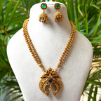 Traditional Double-Row Beaded Hara | Antique Nakshi Peacock Arch Pendant Set with Ruby Emerald Jhumkas AN297